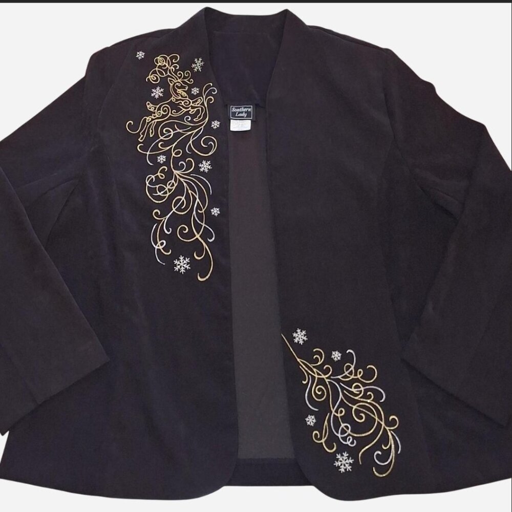 Women's Christmas blazer, black, embroidered reindeer, size 18W